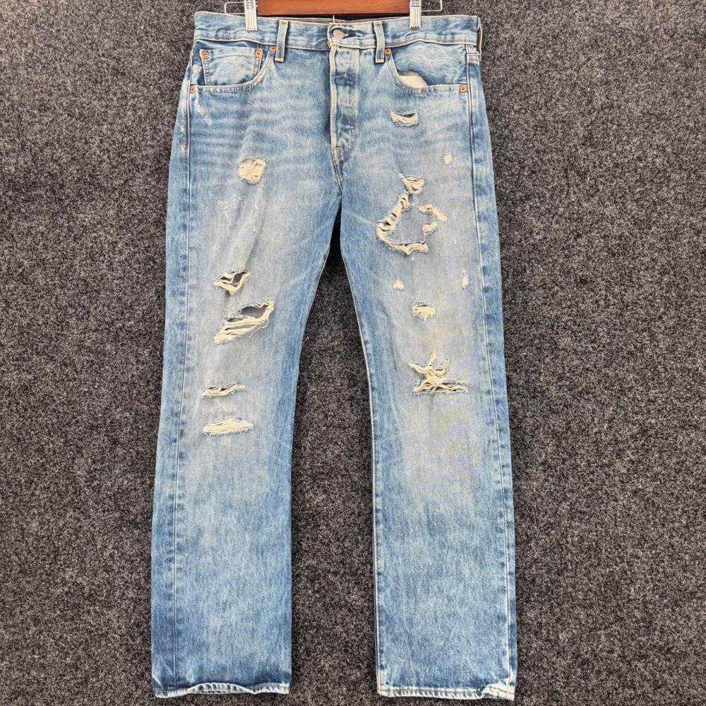 Levis 501 Original Fit Distressed Light Wash Straight Leg Jeans Mens 32x29